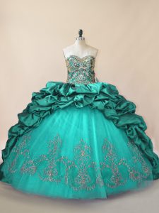 Fashion Turquoise Quinceanera Gown Sweetheart Sleeveless Brush Train Lace Up