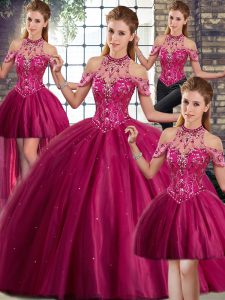 Luxurious Sleeveless Tulle Brush Train Lace Up Quinceanera Gowns in Fuchsia with Beading