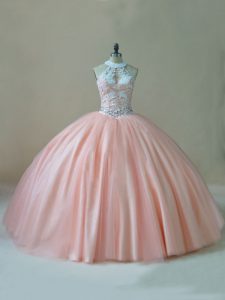 Floor Length Ball Gowns Sleeveless Peach Quinceanera Gown Lace Up
