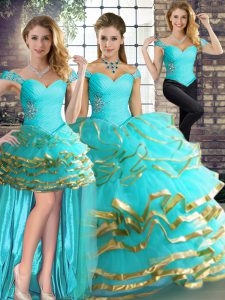 Fantastic Tulle Off The Shoulder Sleeveless Lace Up Beading and Ruffled Layers Quinceanera Dress in Aqua Blue