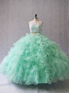 Spectacular Floor Length Two Pieces Sleeveless Apple Green Vestidos de Quinceanera Zipper