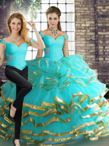Discount Floor Length Aqua Blue Quinceanera Gown Off The Shoulder Sleeveless Lace Up