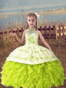 Elegant Yellow Green Ball Gowns Beading and Embroidery and Ruffles Kids Formal Wear Lace Up Organza Sleeveless Floor Length