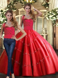 Vintage Red Tulle Lace Up Halter Top Sleeveless Floor Length Sweet 16 Dresses Appliques