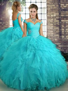 Exceptional Floor Length Lace Up 15th Birthday Dress Aqua Blue for Military Ball and Sweet 16 and Quinceanera with Beading and Ruffles
