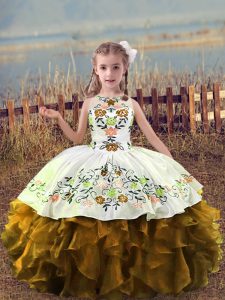 Custom Designed Brown Scoop Lace Up Embroidery and Ruffles Little Girls Pageant Dress Sleeveless
