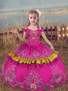 Fuchsia Satin Lace Up Off The Shoulder Sleeveless Floor Length Kids Pageant Dress Beading and Embroidery