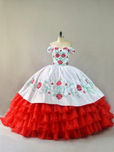 Sleeveless Court Train Embroidery and Ruffled Layers Lace Up Ball Gown Prom Dress