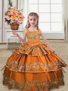 Simple Ball Gowns Little Girls Pageant Gowns Orange Straps Satin Sleeveless Floor Length Lace Up