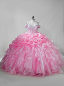 Eye-catching Straps Sleeveless Brush Train Lace Up 15 Quinceanera Dress Pink Organza