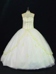 Yellow And White Ball Gowns Appliques Vestidos de Quinceanera Lace Up Tulle Sleeveless Floor Length