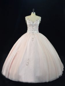 Custom Designed Tulle V-neck Sleeveless Lace Up Beading 15 Quinceanera Dress in Pink