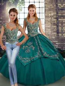 Straps Sleeveless Tulle Ball Gown Prom Dress Beading and Embroidery Lace Up