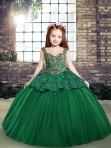 Attractive Dark Green Sleeveless Beading and Lace Floor Length Kids Pageant Dress