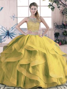 Olive Green Lace Up Quinceanera Dresses Beading and Ruffles Sleeveless Floor Length