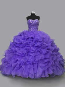 Purple Lace Up Sweetheart Beading and Ruffles 15 Quinceanera Dress Organza Sleeveless
