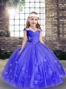 Blue Tulle Lace Up Straps Sleeveless Floor Length Little Girls Pageant Dress Beading and Hand Made Flower