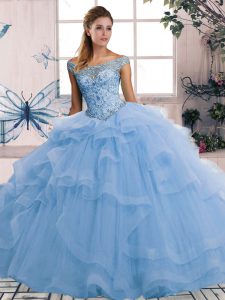 Custom Design Floor Length Ball Gowns Sleeveless Blue Quinceanera Gowns Lace Up