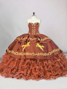 Deluxe Brown Sweetheart Neckline Embroidery and Ruffled Layers Sweet 16 Dress Sleeveless Lace Up