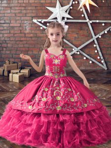 Straps Sleeveless Satin and Organza Little Girl Pageant Gowns Embroidery and Ruffled Layers Lace Up