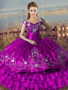 Modern Purple Ball Gowns Off The Shoulder Sleeveless Satin and Organza Floor Length Lace Up Embroidery and Ruffled Layers 15 Quinceanera Dress