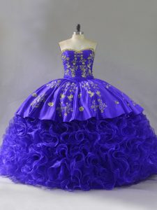 Best Selling Fabric With Rolling Flowers Sweetheart Sleeveless Brush Train Lace Up Embroidery and Ruffles Sweet 16 Dress in Purple