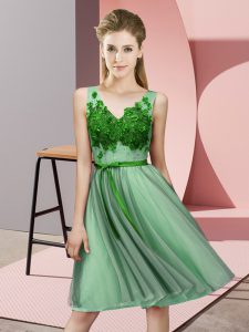 V-neck Sleeveless Lace Up Dama Dress for Quinceanera Green Tulle