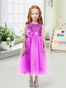 Elegant Lilac Zipper Little Girls Pageant Dress Sequins and Hand Made Flower Sleeveless Tea Length