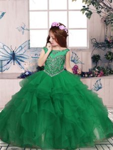 Pretty Green Organza Zipper Pageant Dress for Womens Sleeveless Floor Length Beading and Ruffles