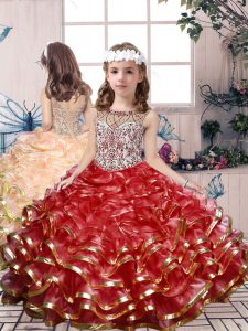 Red Sleeveless Floor Length Beading and Ruffles Lace Up Little Girls Pageant Dress Wholesale