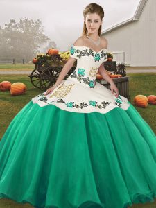 On Sale Embroidery Sweet 16 Dresses Turquoise Lace Up Sleeveless Floor Length