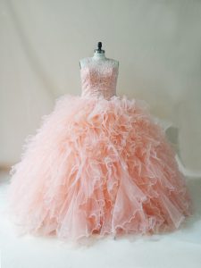 Modern Ball Gowns Quince Ball Gowns Peach Scoop Tulle Sleeveless Floor Length Lace Up