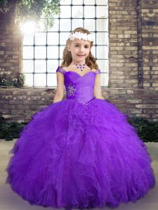 Floor Length Ball Gowns Sleeveless Purple Kids Pageant Dress Lace Up