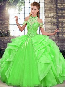 Floor Length Lace Up Quinceanera Dress Green for Military Ball and Sweet 16 and Quinceanera with Beading and Ruffles