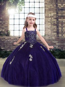 Purple Little Girls Pageant Dress Party and Military Ball and Wedding Party with Appliques Straps Sleeveless Lace Up