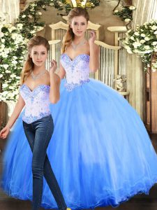 Custom Design Tulle Sweetheart Sleeveless Lace Up Beading Quinceanera Gown in Blue