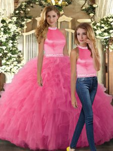 Charming Sleeveless Tulle Floor Length Backless 15th Birthday Dress in Hot Pink with Beading and Ruffles