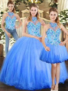 Top Selling Blue Sleeveless Embroidery Floor Length Quinceanera Gown