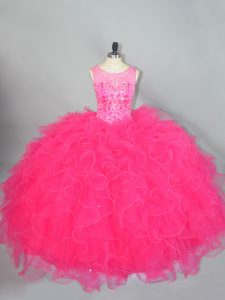 Pretty Hot Pink Ball Gowns Organza Scoop Sleeveless Beading and Ruffles Floor Length Lace Up 15th Birthday Dress