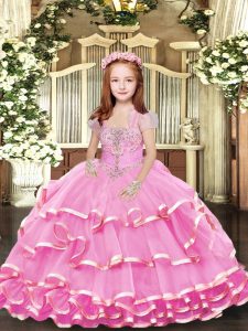 Lilac Sleeveless Floor Length Beading and Ruffled Layers Lace Up Child Pageant Dress