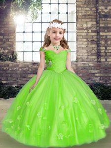 Ball Gowns Tulle Straps Sleeveless Beading and Hand Made Flower Floor Length Lace Up Kids Formal Wear