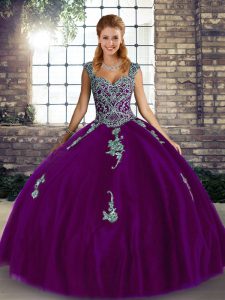 Pretty Purple Quinceanera Dress Military Ball and Sweet 16 and Quinceanera with Beading and Appliques Straps Sleeveless Lace Up