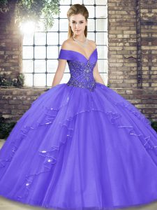 Sleeveless Floor Length Beading and Ruffles Lace Up Quinceanera Dresses with Lavender