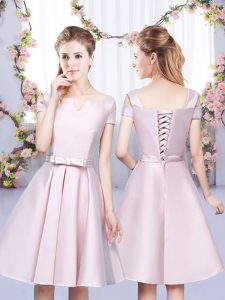 Exceptional Mini Length Baby Pink Quinceanera Court Dresses Off The Shoulder Sleeveless Lace Up