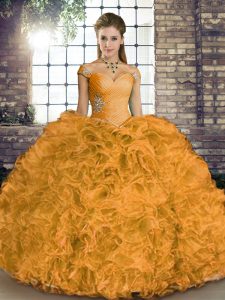 Clearance Off The Shoulder Sleeveless Quinceanera Gowns Floor Length Beading and Ruffles Orange Organza