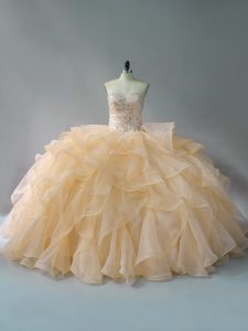 Customized Sweetheart Sleeveless Quinceanera Gown Brush Train Beading and Ruffles Gold Organza