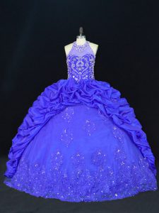 Royal Blue Taffeta Lace Up Sweet 16 Dresses Sleeveless Floor Length Beading and Appliques and Embroidery and Pick Ups