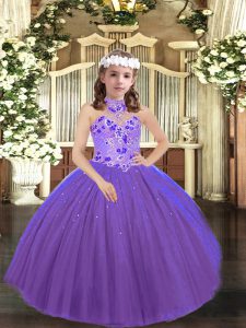 Great Purple Halter Top Neckline Appliques Little Girls Pageant Dress Sleeveless Lace Up