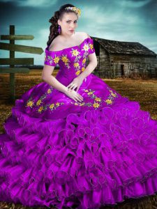 Shining Sleeveless Organza Floor Length Lace Up Ball Gown Prom Dress in Purple with Embroidery and Ruffles