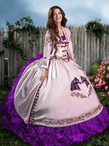 Sleeveless Satin Floor Length Lace Up Quinceanera Gown in Purple with Embroidery and Ruffles